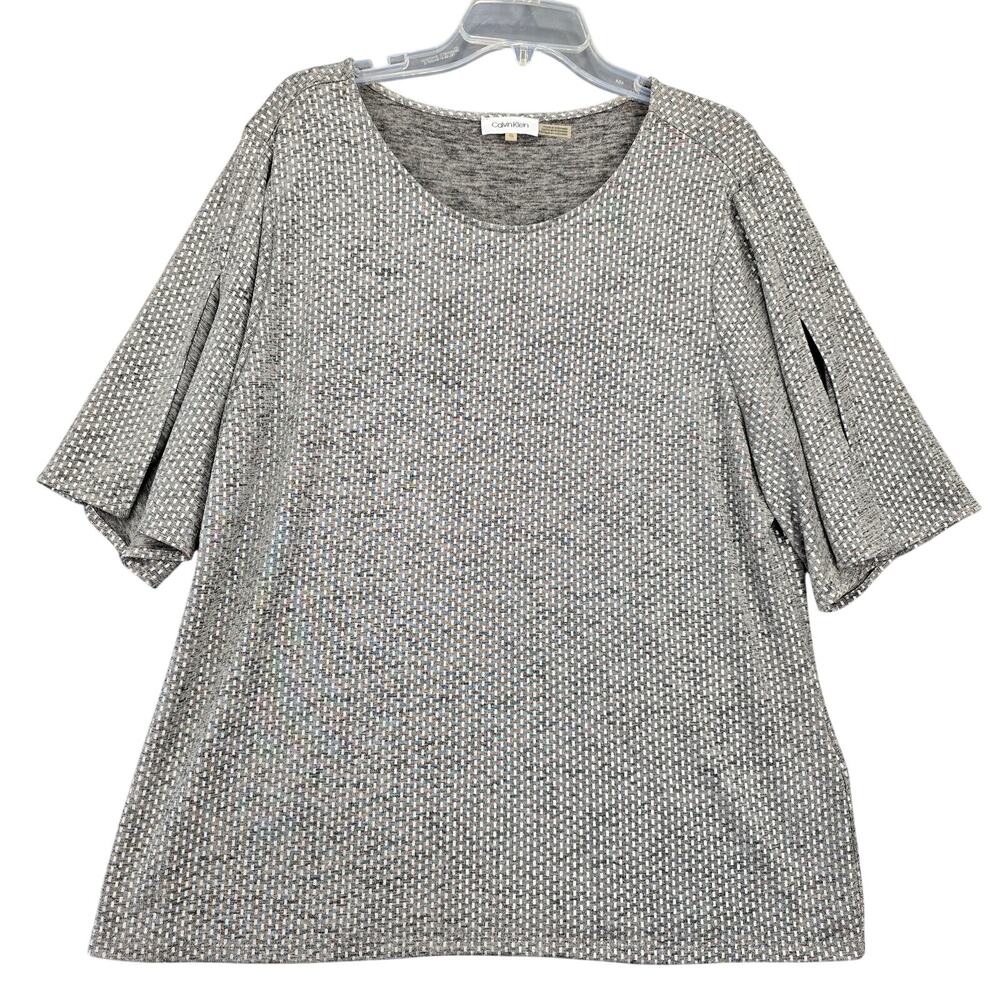 Calvin Klein Gray Metallic Silver Shirt Short Slit Sleeves Scoop Neck Women's XL